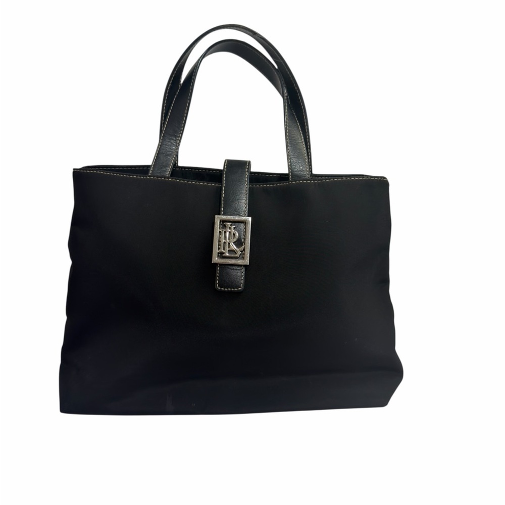 Vtg Lauren Ralph Lauren Black Nylon Leather Trim LRL Buckle Tote Bag Y2K
